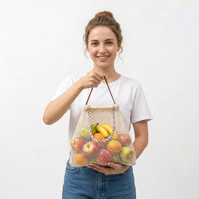 Reusable Hanging Storage Mesh Bags, White, 2 Bags & 2 Hooks | Durable, Breathable, For Fruits & Vegetables, Kitchen & Home Decor