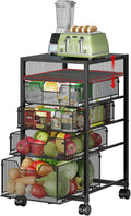 5-Tier Rolling Utility Cart with Adjustable Wood Top (Tabletop or Basket) | Metal Kitchen Storage Cart - Fruit Vegetable Storage Rack with Wheels & 4 Drawers,, Pantry Snack Cart for Cans, Craft, Art