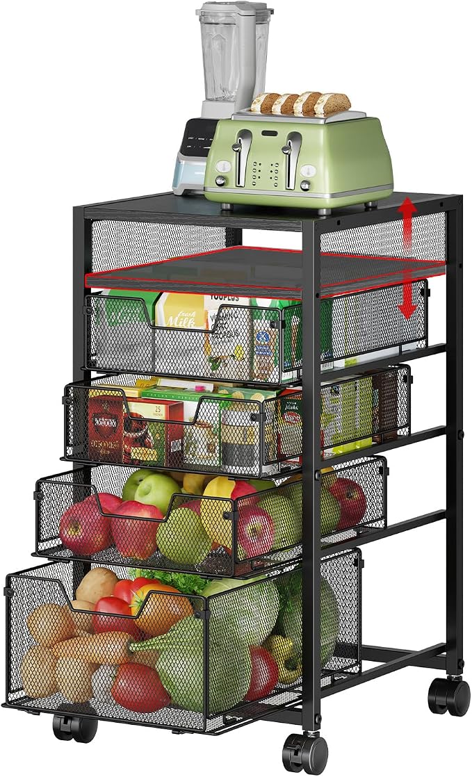 5-Tier Rolling Utility Cart with Adjustable Wood Top (Tabletop or Basket) | Metal Kitchen Storage Cart - Fruit Vegetable Storage Rack with Wheels & 4 Drawers,, Pantry Snack Cart for Cans, Craft, Art