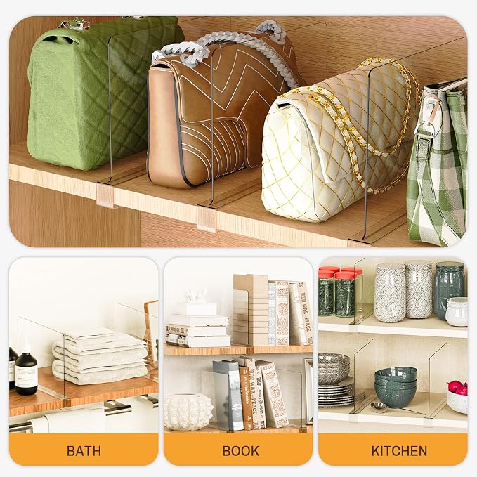 12 Pack Closet Shelf Dividers Purse Handbag Organizer Storage | Acrylic, Clear, Suitable for Kitchen, Office, Bookshelf, Cabinet, Sweater, Clothes, Towel, Bag Tall Separators Organization