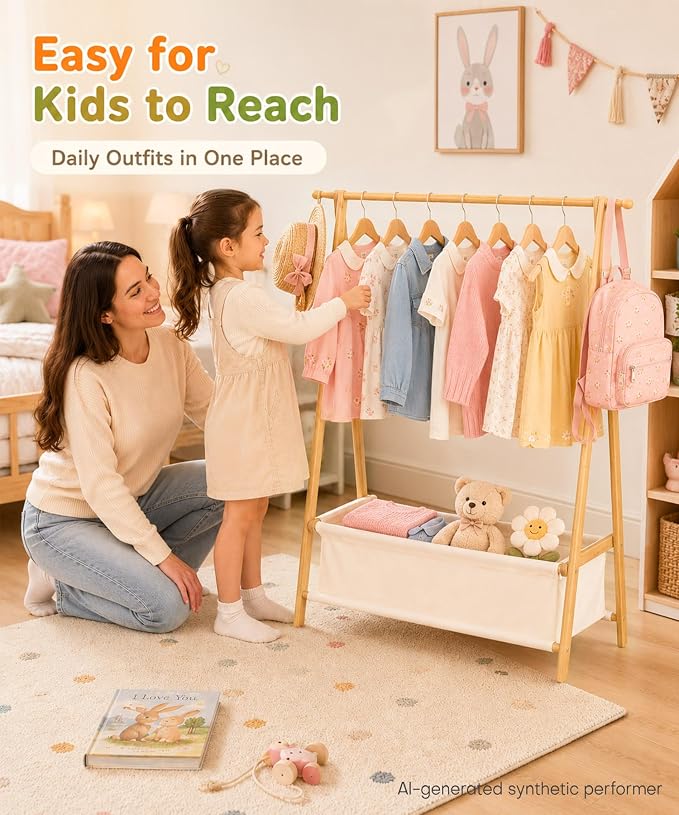 Homde Sturdy Kids Clothes Rack: 66 lb Capacity for Growing Wardrobe Needs | Hanging Rod Holds Clothes, Basket Stores Items Below - Helps Kids Build Tidy Habits - Angled Bamboo Side Frames Add Stability