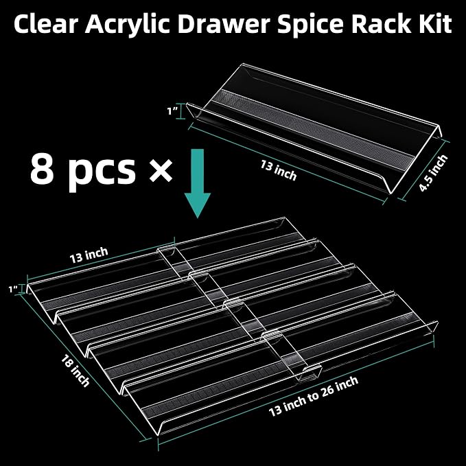 MIUKAA Acrylic Spice Drawer Organizer, 4 Tier - 8 Pack Seasoning Organizer for Drawer, Expandable From 13" to 26" Kitchen Drawer Spice Rack with Slip-Proof Mat (Jars not Included)