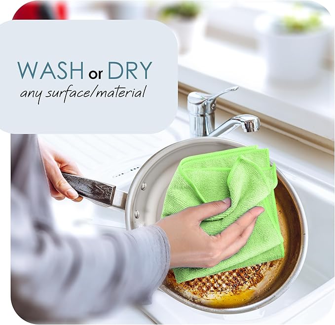 Hearth & Harbor 12 Pack Microfiber Washcloths, Green, 12"x12", Lint Free, Scratch Free, Reusable