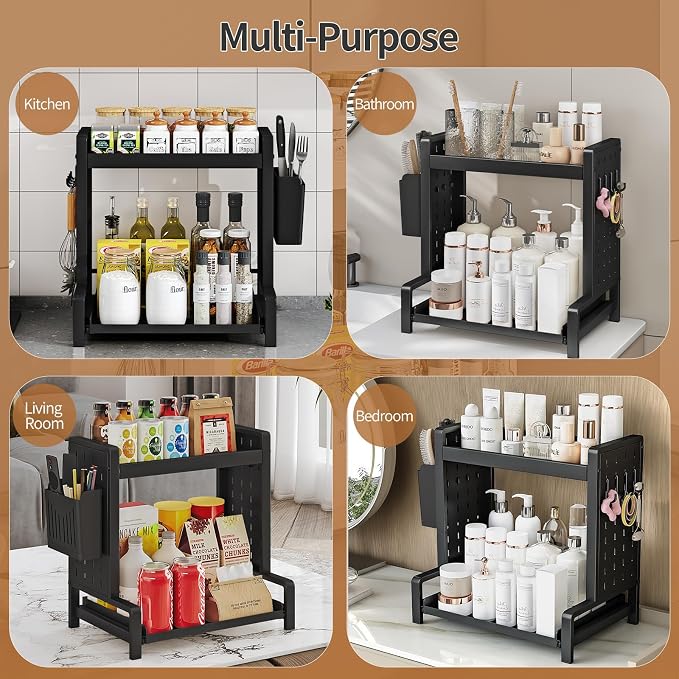 Spice Rack with Pull Out Drawer Counter Storage Organizer Metal 2-Tier | Rust-Resistant Holds 20 lbs Saves 50% Counter Space with Hooks & Hanging Basket for Kitchen Coffee Bar Bathroom Apartment