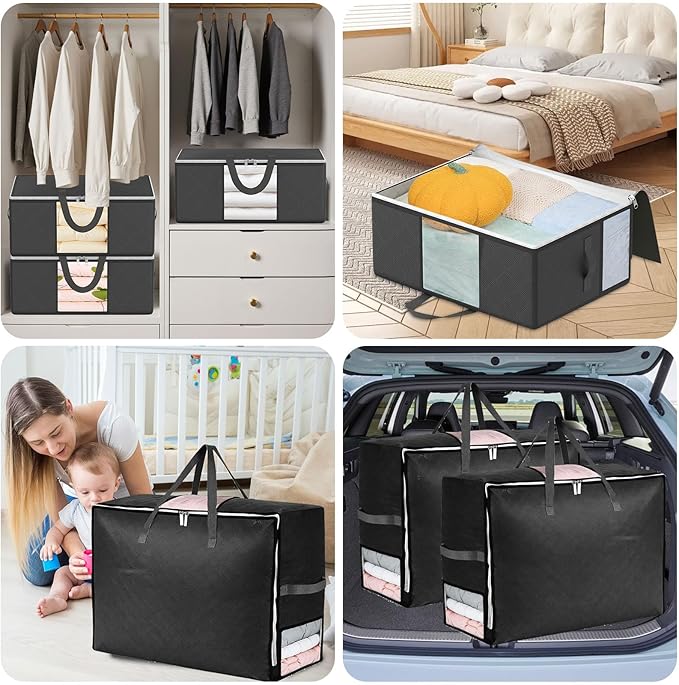 8 Pack 105L Extra Large Comforter Storage Bag, Foldable Bedding Storage Blanket Moving Bags for Clothes Pillows Sweater Dorm, Linen Closet Organizers with 4 Handles & 3 Clear Windows, Black