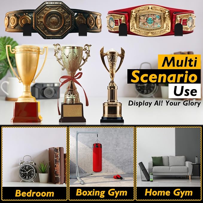 4 Pcs Wrestling Championship Belt Wall Display Holder Belt Horizontal Wall Mount Display Organizer Secure Rack for Wrestling Gifts and Awards