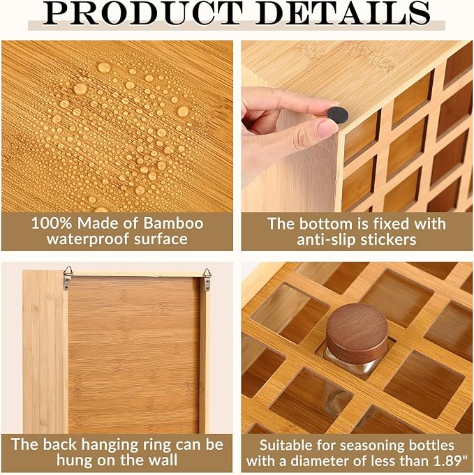 Novabright 24 Grids Bamboo Spice Rack Organizer, Wooden Spice Rack Wall Mount with Square Compartments, Wood Hanging Shelf for 4 oz Glass Jar Drawer Cabinet Kitchen Countertop Wall, Jars Not Included