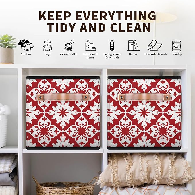 Mexican Tile Closet Storage Bin, Foldable Storage Baskets for Shelves, Decorative Shelf Organizer Red Mexico Tile Fabric Cube Bin for Living Room Bedroom Home Dorm