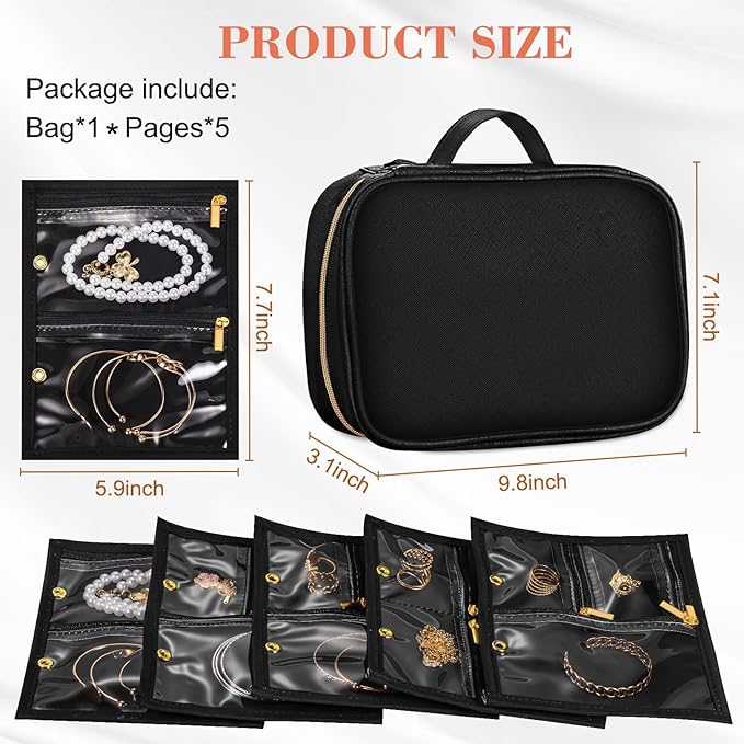 Travel Jewelry Organizer for Women, Jewelry Organizers and Storage with Detachable Zipper Pouches, Tangle-Free Jewelry Travel Case for Necklaces, Earrings, Rings & Bracelets, Black
