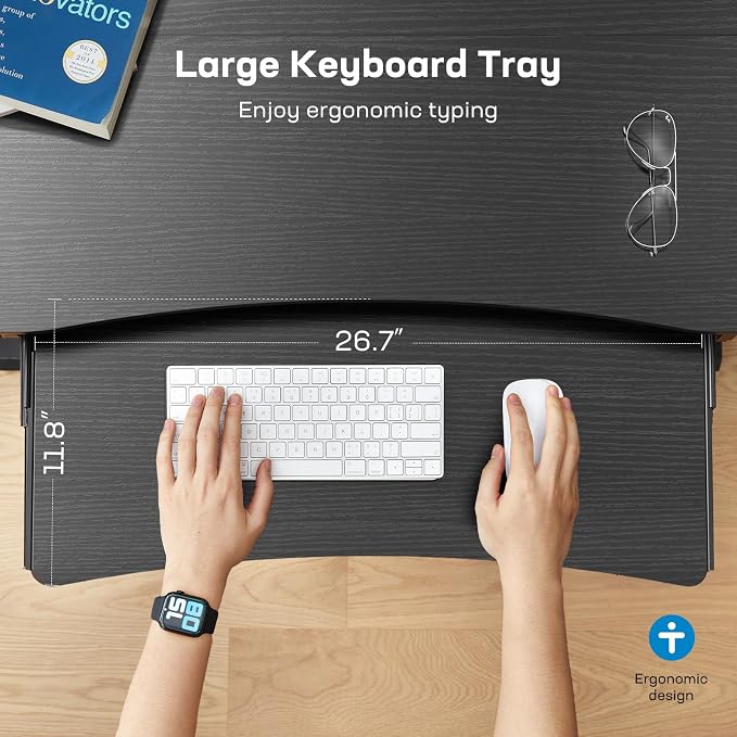 HUANUO 48" x 26" Electric Standing Desk with 2 Drawers & 26.7" Large Keyboard Tray, C-Clamp Mount Compatible, Adjustable Computer Desk for Home Office, Stand Up Desk with 4 Height Presets, Black