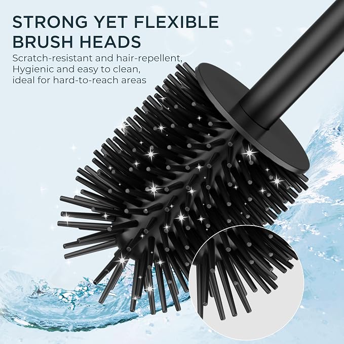 FORIOUS Toilet Brush and Holder Set, Heavy Duty 304 Stainless Steel Base Square and Long Handle for Bathroom Deep Cleaning, Drip-Proof, Space Saving for Storage, 2 Toilet Bowl Brush Head, Black