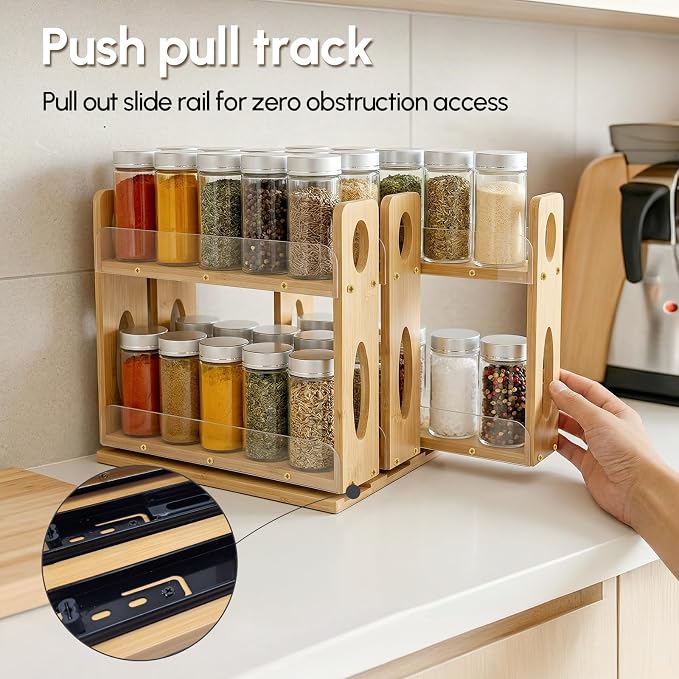 Spice Organization for Cabinet, Kitchen Pull Out Spice Rack Organizer | Bamboo Slide Out Seasoning Pantry Sliding Vertical Organizers, 7.6" Wide, 3 Drawers(2" Wide), 2 Tiers, Assemble Needed