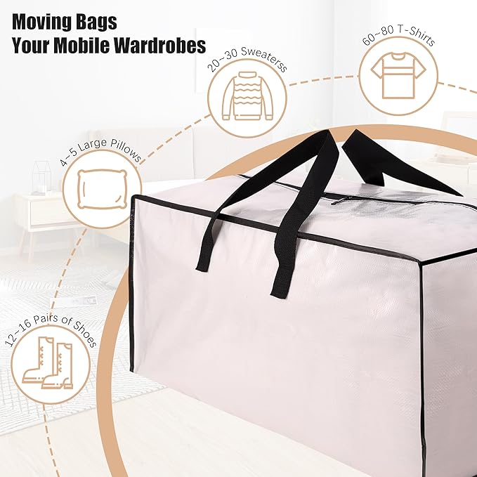 NATURELUX Heavy Duty Moving Bags with Backpack Straps and Strong Handles, Alternative to Moving Boxes and Storage Totes for Dorm Room Essentials, 6 Pack, Clear
