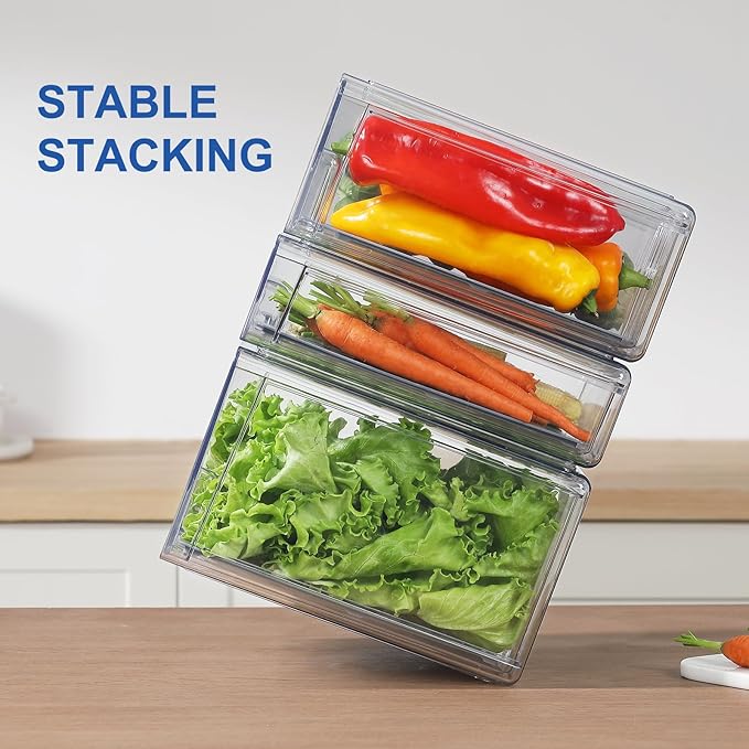 Pull Out Clear Fridge Organizer Drawers with Drainer, Refrigerator Stackable Storage Bins for Kitchen Fruit & Veggie Organization (2PCS, Small)