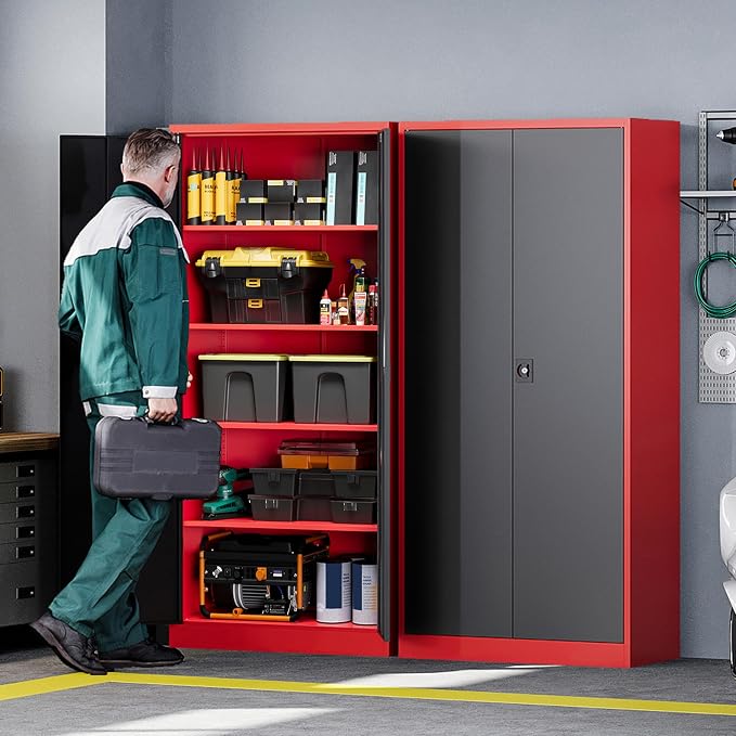 Letaya Metal Storage Cabinets with Lock, 72" Tall Locker Organizer Steel Cabinets, Adjustable Layers Shelves 2 Doors for Home, Office, Warehouse,Garage(Black Red)
