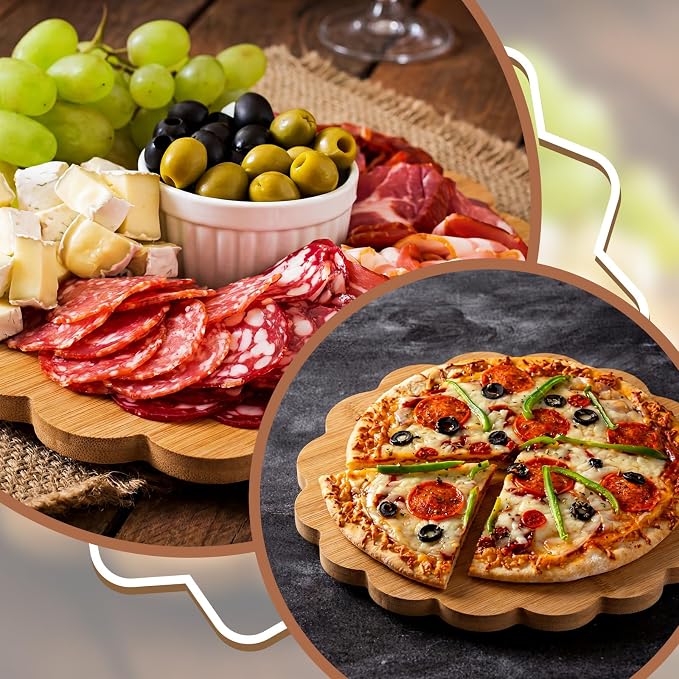 Gisafai 14-inch Scalloped Bamboo Tray 360-degree Lazy Susan Rotating Plate Turntable for Kitchen Counter, Pantry Organization and Spice Rack, Smooth Ball-Bearing Spinner for Farmhouse Decors