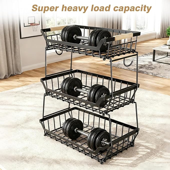 3 Tier Fruit Basket with 2 Banana Hangers for Kitchen Counter | 3-Tier Detachable Design,Metal Wire Construction, Wooden Handle, Large Capacity, Multi-Purpose Organizer,Mesh Basket