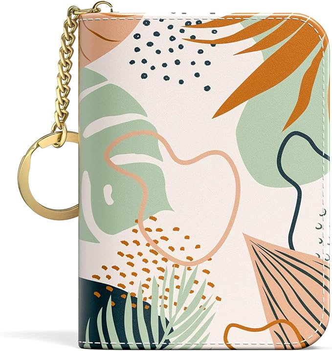 Aiawoxc Credit Card Holder for Women, Small RFID Wallet Slim Leather Card Organizer Case with Zipper and Keychain, Boho Leaves
