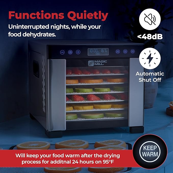 Magic Mill Pro Food Dehydrator Machine | 7 XL Stainless Steel Trays | Dryer for Jerky, Dog Treats, Herb, Meat, Beef, Fruit | Keep Warm Function, Digital Timer and Temperature Control, ETL Approved