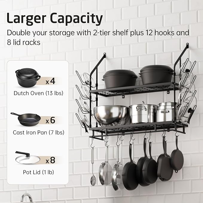 KES 30-Inch Pot Rack Wall Mounted, 8 Secure Lid Holders & 12 Sturdy Hooks | 2-Tier Kitchen Hanging Pot and Pan Organizer, Ample Storage for Tall Cookware, KUR215S75C-BK