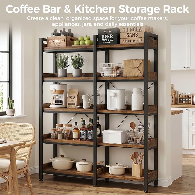 GTPLAYER 5-Tier Corner Bookshelf, L-Shaped Metal Frame Shelf with Tall 14" Shelves, Plant Stand and Storage Rack for Small Spaces, Living Room and Home Office, Vintage Brown