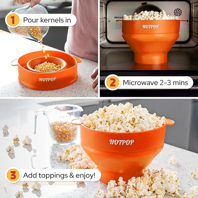 The Original Hotpop Microwave Popcorn Popper, Silicone Popcorn Maker, Collapsible Bowl BPA-Free and Dishwasher Safe- 20 Colors Available (Orange) (Pack of 2)