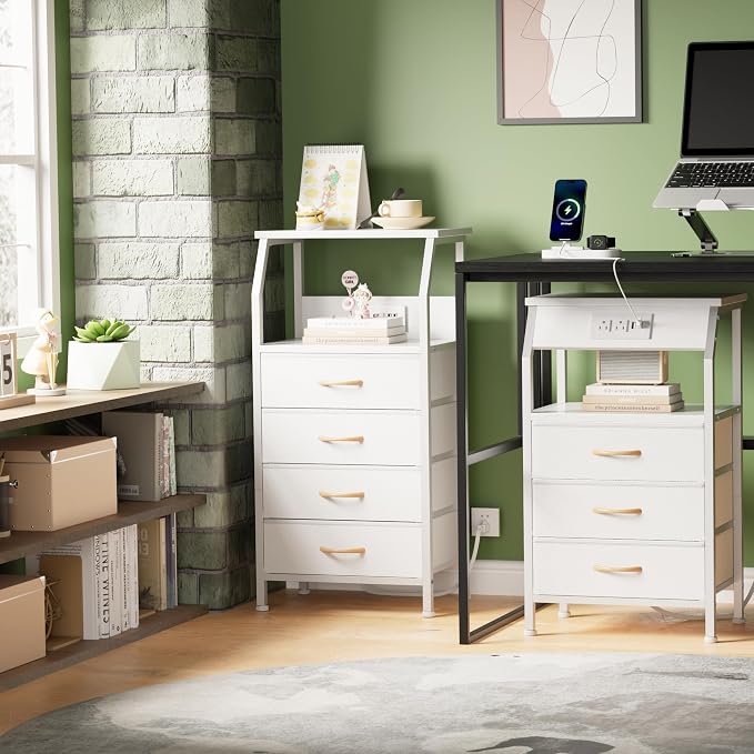 Furnulem Night Stand with Charging Station, 28.3 Inch Tall Bedside Table with PVC Drawers, End Table with USB Ports and Outlets, 3 Fabric Drawer Storage Nightstand for Bedroom, 3 Ways to Use, White | 28.3 Inch Tall Dorm Night Stand with fabric Drawers,...