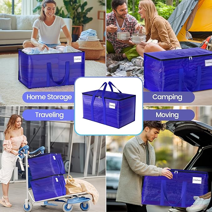 FabSpace Moving Storage Bags, Moving Supplies Packing Boxes for Moving, Camping, College Dorm Room Essentials for Girls, Blue Tote Bags, Heavy-Duty Storage Bins With Lids And Zippers, 93L 6 Pack