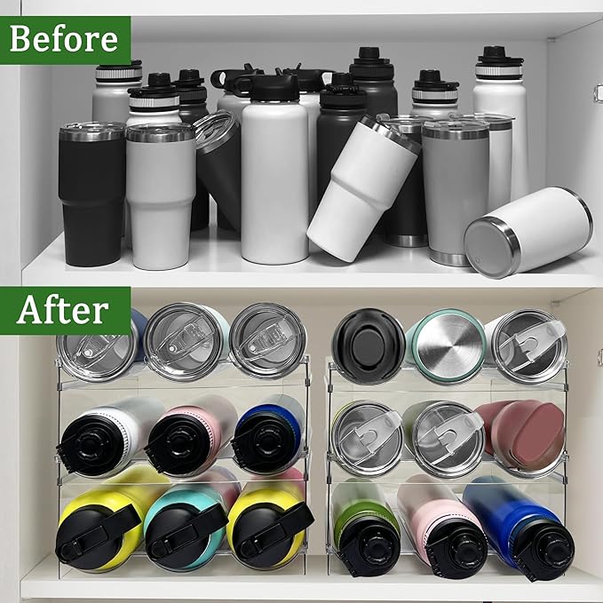 Spaclear 4 Pack Water Bottle Organizer, Stackable Kitchen Pantry Organization and Storage Shelf, Plastic Bottle Holder for Fridge Kitchen Cabinet Organizer and Storage, Tumbler Mug Cup Organizer