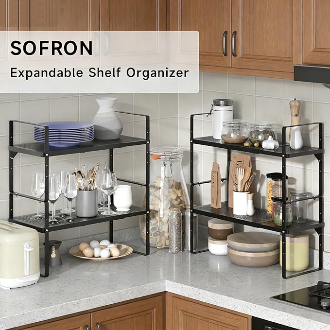 Expandable Cabinet Storage Shelf Stackable Organizer Rack for Kitchen Bathroom Pantry Spice Cupboard Coffee Countertop Home Office Desk Heavy Duty Nonslip Black Small 2 Packs