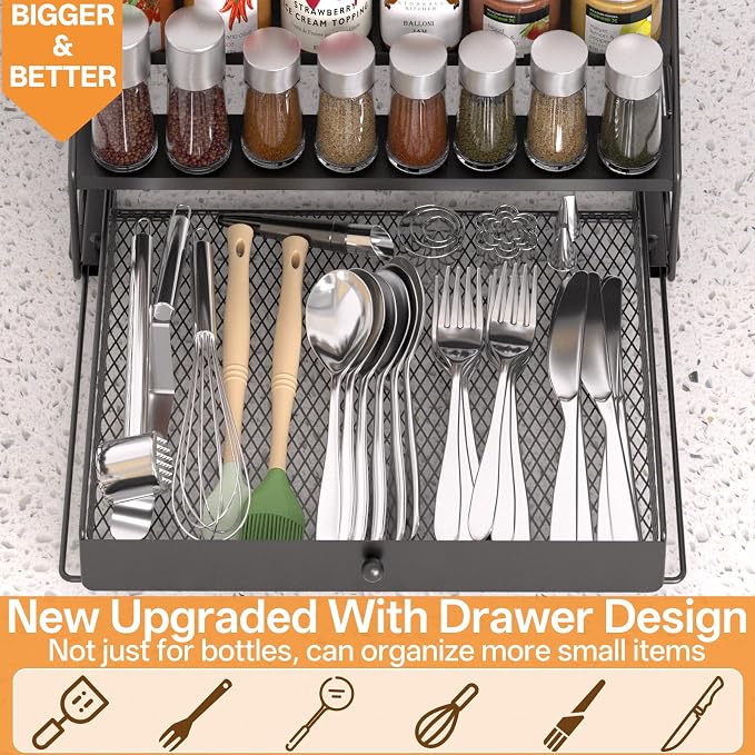 DTUQYX Spice Rack Organizer for Cabinet: 4 Tier Adjustable Spice Rack Organization with Drawer, Depth Metal Shelf for Kitchen Countertop, Cupboard, Pantry, Holds Seasoning and Condiments (Black)