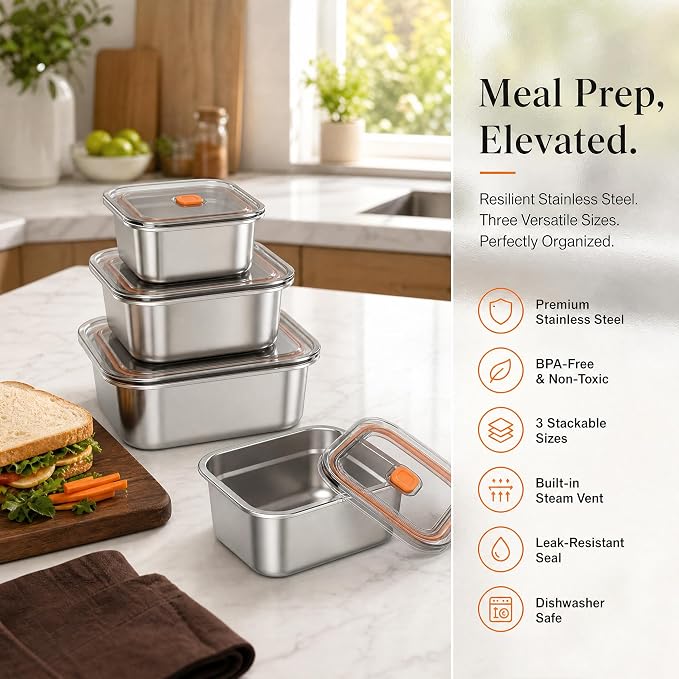 3 Pack Stainless Steel Food Storage Containers with Lids, Meal Prep Containers, Vacuum-Sealed Airtight Leakproof, Microwave/Dishwasher/Freezer Safe, Multi-Size for Fresh Storage (15+27+37oz)