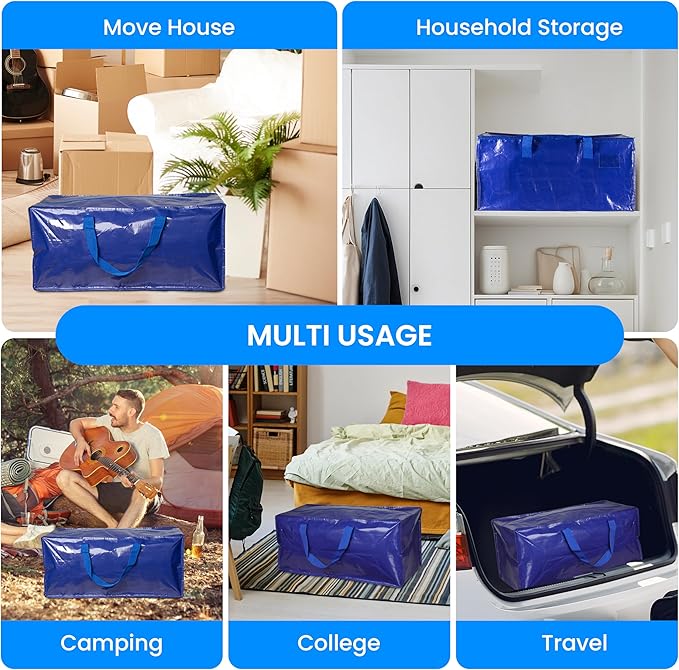 Simple Deluxe 12 Pack Extra Large Moving Bags with Backpack Straps, Strong Handles/Zippers, Heavy Duty Storage Tote for Moving Travel Camping Space Saving, Blue