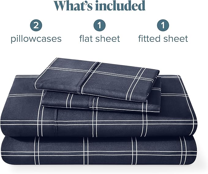 Bare Home Full Sheet Set - Luxury 1800 Ultra- Soft Double Brushed Microfiber - Deep Pockets - Easy Fit - 4 Piece Bedding Sheet Set (Full, Modern Plaid - Midnight/White)