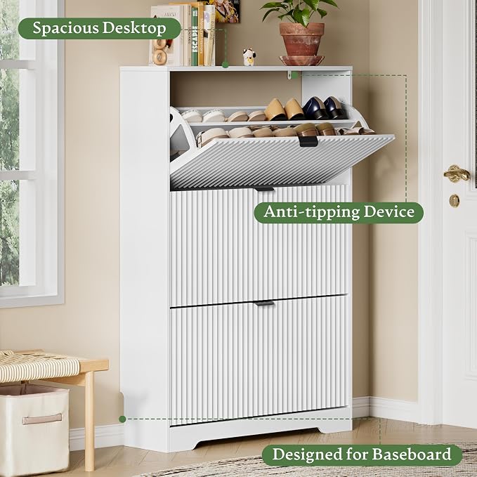 Xixini Shoe Storage Cabinet for Entryway with 3 Flip Drawers, Hidden Slim Wood Shoe Organizer with Modern Fluted Panel, Freestanding Narrow Shoe Rack for Front Door Entrance, Hallway, Foyer, White