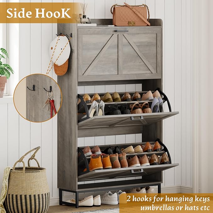 Wodeer Shoe Cabinet Storage for Entryway, Shoe Storage Cabinet with 3 Flip Drawers, Freestanding Narrow Shoe Rack Organizer with Metal Legs & Side Hook for Foyer, Hallway, Grey
