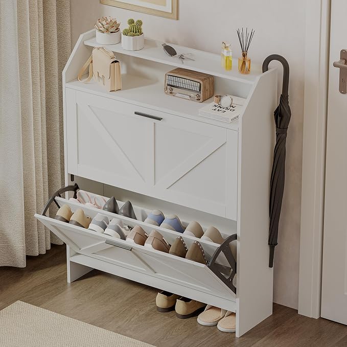 Mericonia Farmhouse Shoe Cabinet with 2 Flip Drawers, Shoes Storage Cabinet, Freestanding Shoe Rack Organizer for Entryway, White