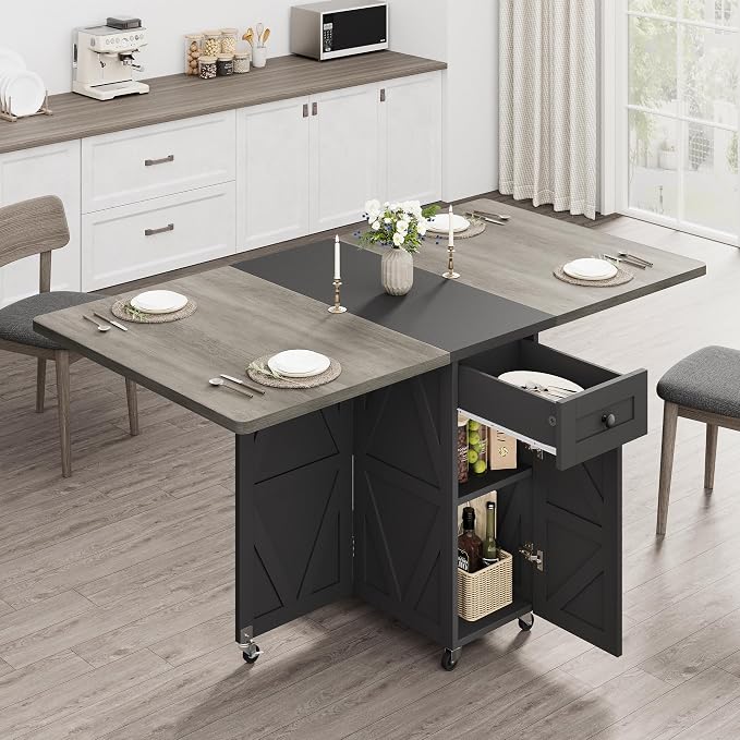 Jocoevol Folding Dining Table for Small Spaces, Space Saving Foldable Kitchen Table with Drawer & 2-Tier Storage Shelf, Rolling Expandable Dining Table with Wheels, Farmhouse, Grey