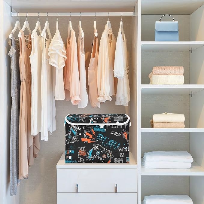 CaTaKu Large Fabric Storage Bins With Lids, Cute Gamer Black Storage Boxes With Handles for Organizing Clothes, Collapsible Storage Cube Bins Baskets for Shelves