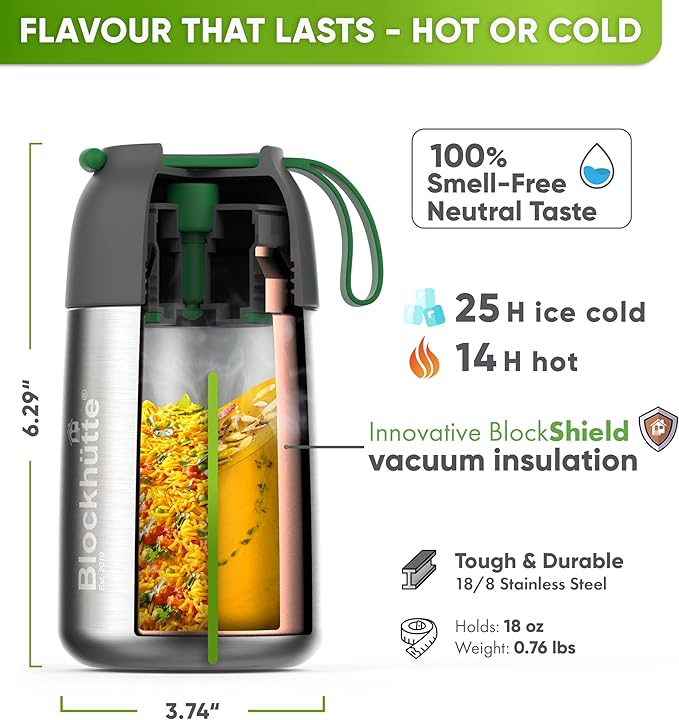 Blockhütte Thermos for Hot Food 18 oz Silver with Custom Name Engraving – Leakproof Insulated Food Lunch Box BPA-Free Stainless Steel – Vacuum thermal lunch box Dishwasher Safe with Spork & Bag