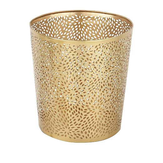CosmoLiving by Cosmopolitan Metal Small Waste Bin with Laser Carved Floral Design, 9" x 9" x 10", Gold | Office Bathroom Floral Waste Basket With Laser Carved Design Office Wastebasket Waste Bin