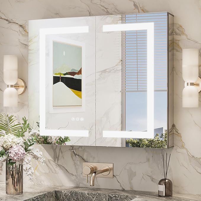 TokeShimi 30x26 Recessed Medicine Cabinet with Lights 3 Color Dimmable and Defogger, Led Medicine Cabinet Mirrored with Outlet Surface or Recessed, Bathroom Mirror with Storage Adjustable