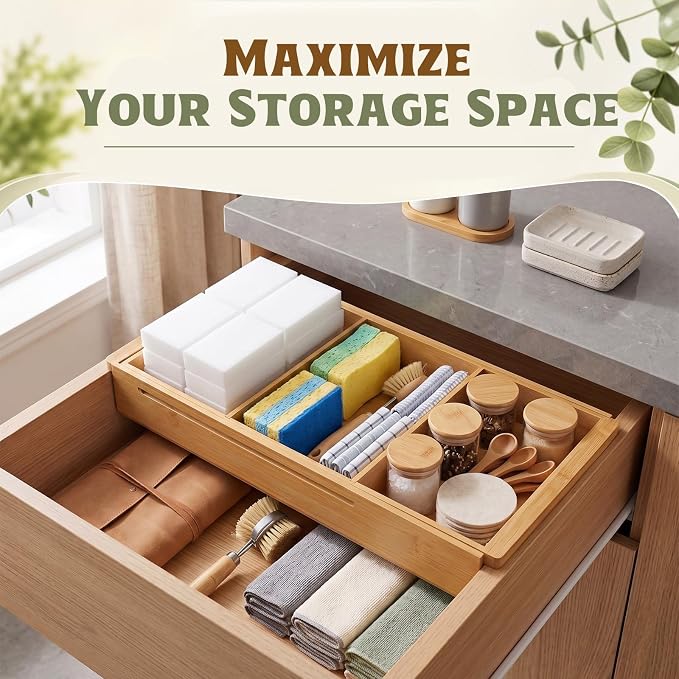 Yookeer 2 Pcs Expandable Drawer Organizer Adjustable Hanging Deep Drawer 11.4'' to 18.1'' Bamboo Wood Dividers Storage Tray for Desk Kitchen Bedroom Bathroom Office Supplies