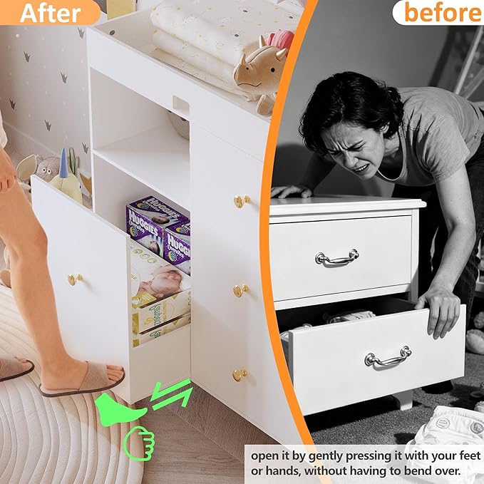 Wooden Baby Changing Table Dresser,Diaper Changing Table with Large Tabletop,4 Drawers, Open Storage Space & Side Shelves,Modern Storage Crib with Changing Table for Nurseries and Baby Rooms,White