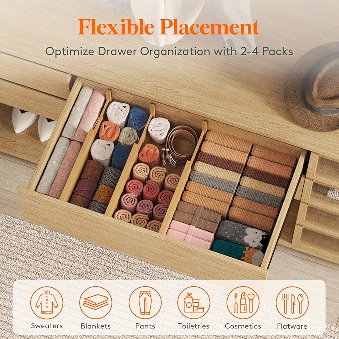 Lifewit 6" High 8 Pack Bamboo Drawer Dividers 33-42cm/13-16.5" Adjustable Wooden Drawer Organizer for Clothes/Utensils, Expandable Drawer Separator for Dresser/Kitchen/Bedroom/Office Organization