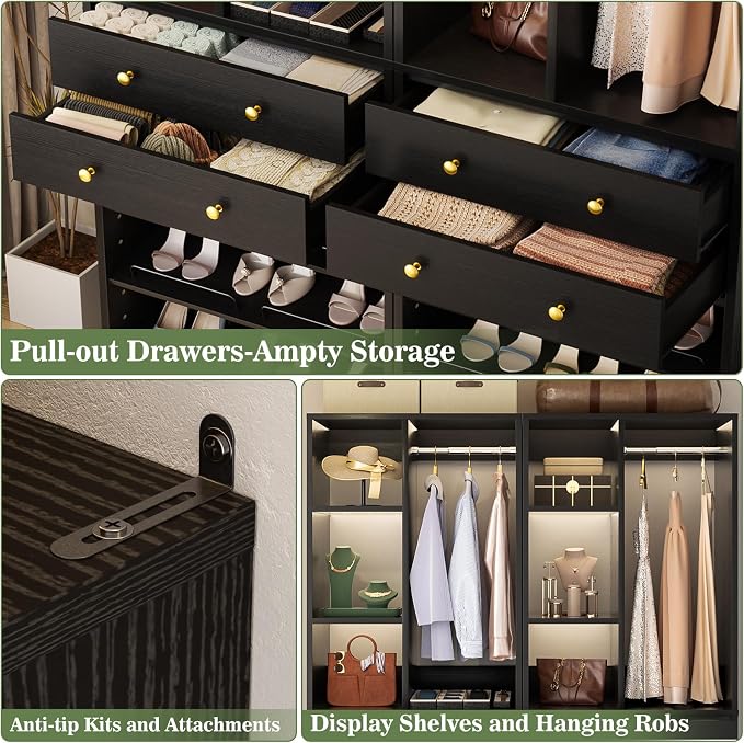 Besiost Closet System, 84"/7 FT Closet Organizer System with 6 Drawers and Shelves, Walk-in Closets Systems, Free Standing Reach in Closet Tower, Load 1800+LBS, Black 3 Pack