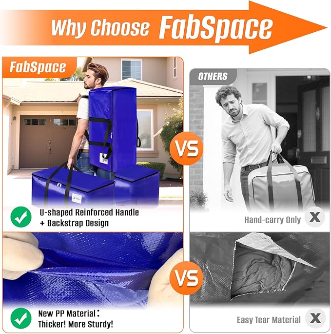 FabSpace 4-Pack Moving Bags with Backpack Straps & Carry Handles, 20 Gallons-76 L Heavy Duty Storage Totes for Space Saving, Foldable Storage Bags for College Dorm, Travel, Camping (Blue)