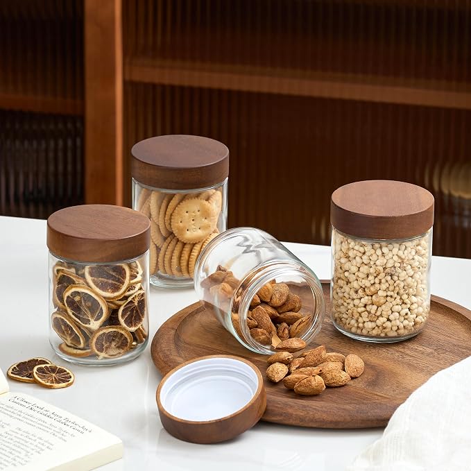 Danmu 16 oz Overnight Oats Containers with Lids,Mason Jars with Lids 4 Pack | Wooden Lid,Overnight Oats Jars,Overnight Oats Containers,Meal Prep Containers,Leak-proof,Dishwasher Safe(remove lids)
