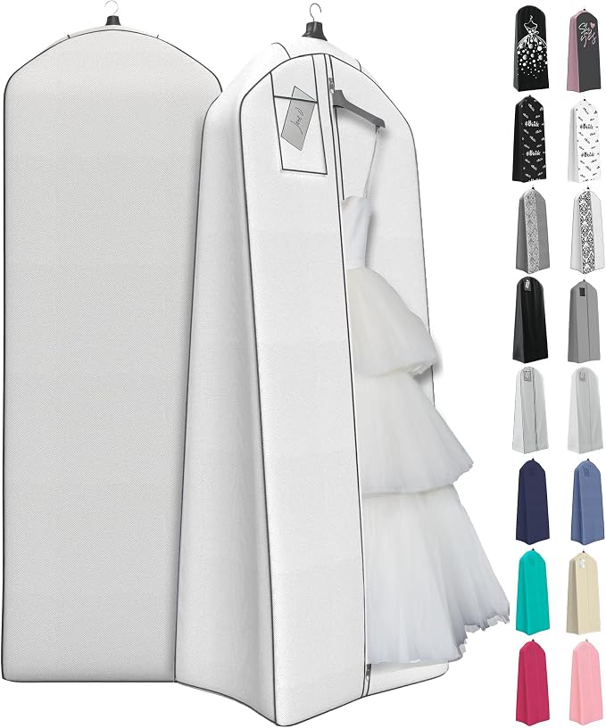 Your Bags 72” Wedding Dress Garment Bag with 20" Gusset & ID Window - Extra Large Bridal Garment Bags for Travel - Breathable, Foldable Dress Bag for Puffy Dresses, Prom & Formal Wear (White/Grey)