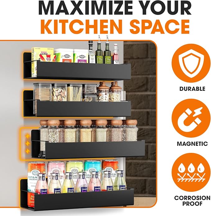 Cheer Collection Magnetic Spice Rack for Refrigerator Set of 4 Heavy Duty Metal Shelves, Corrosion-Proof Fridge Organizer for Kitchen Storage
